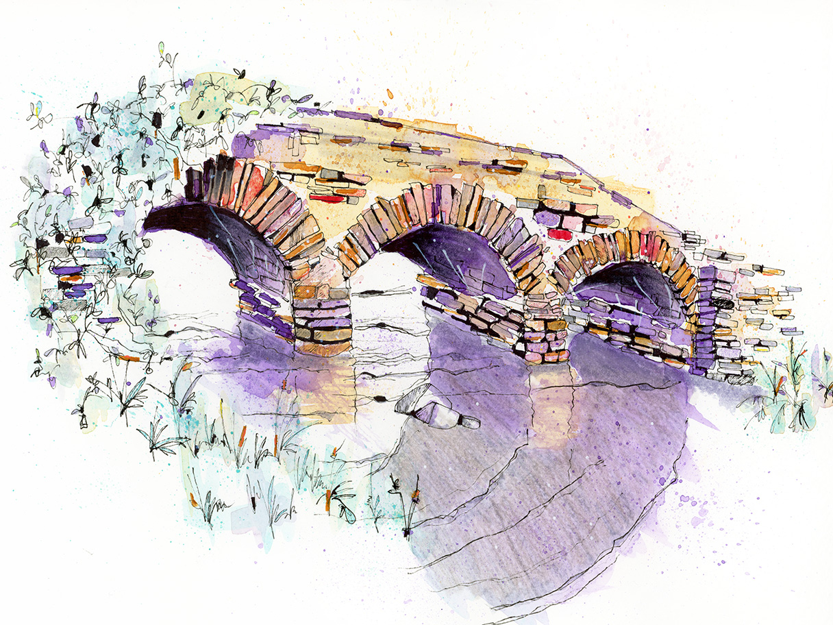 Watercolour and ink painting of an arched stone bridge over water