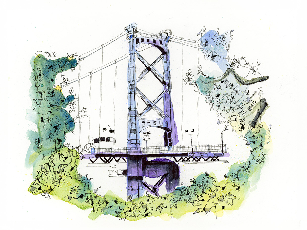 Watercolour and ink painting of the Lions Gate Bridge reflected in calm water