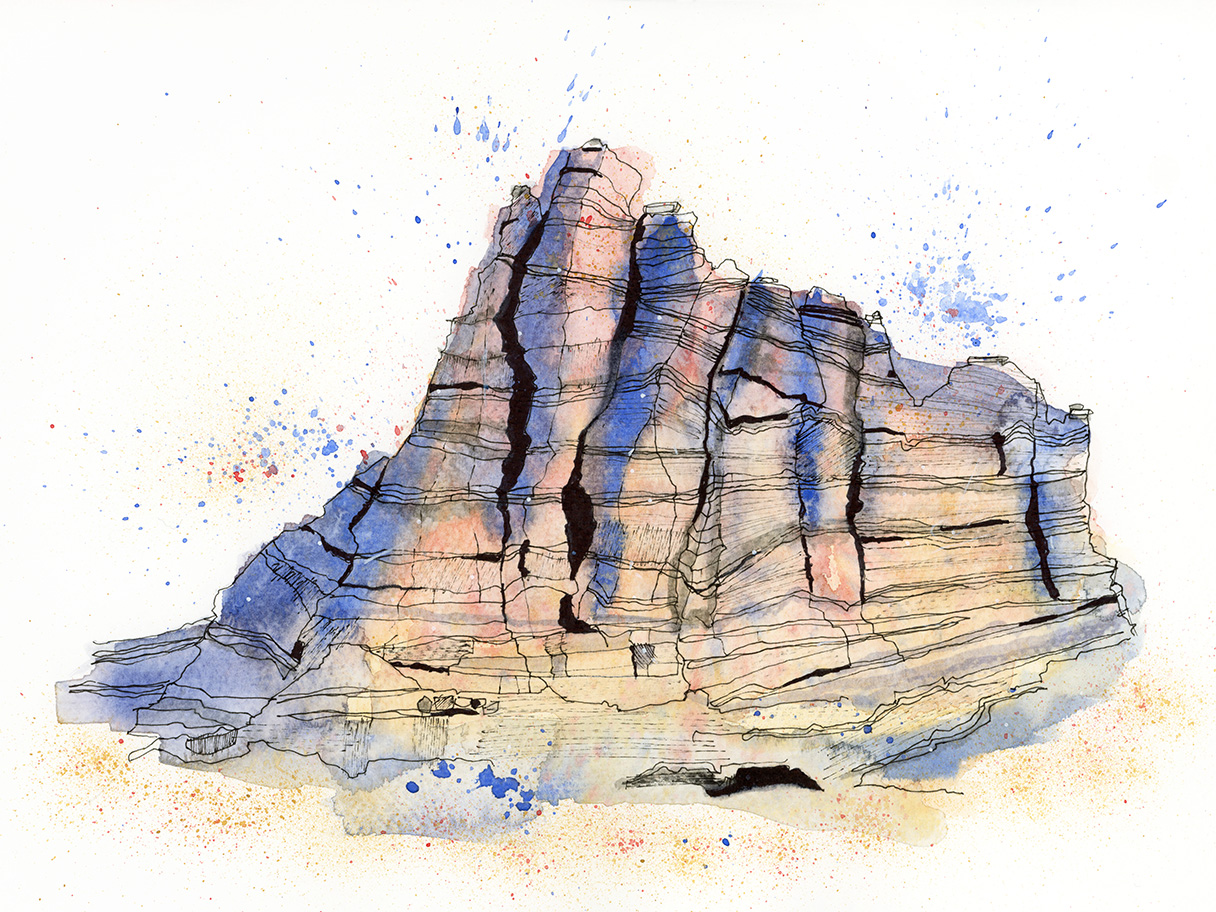 Watercolour and ink painting of layered rock formations