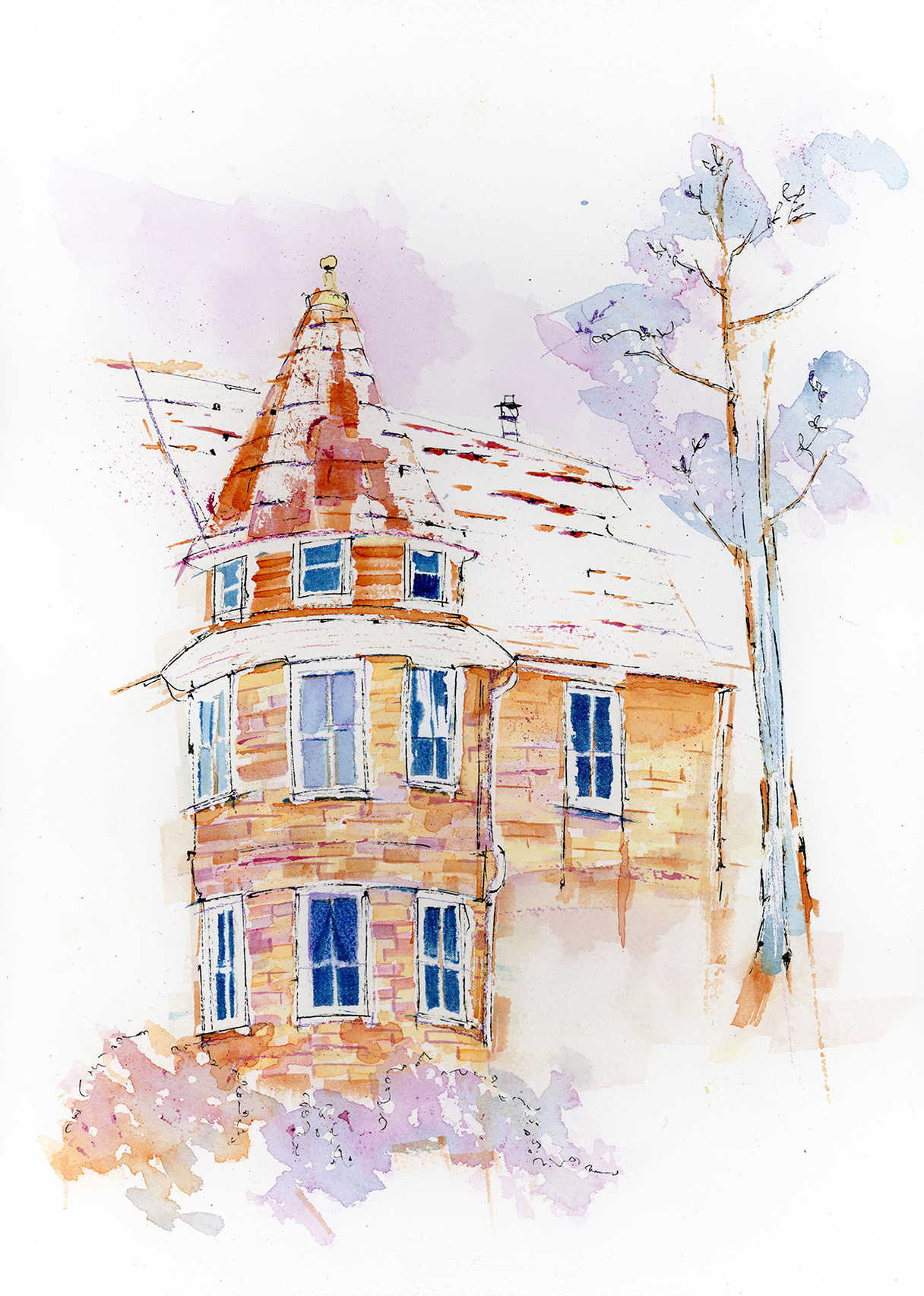 Custom house portrait in Vancouver painted in expressive watercolour and ink