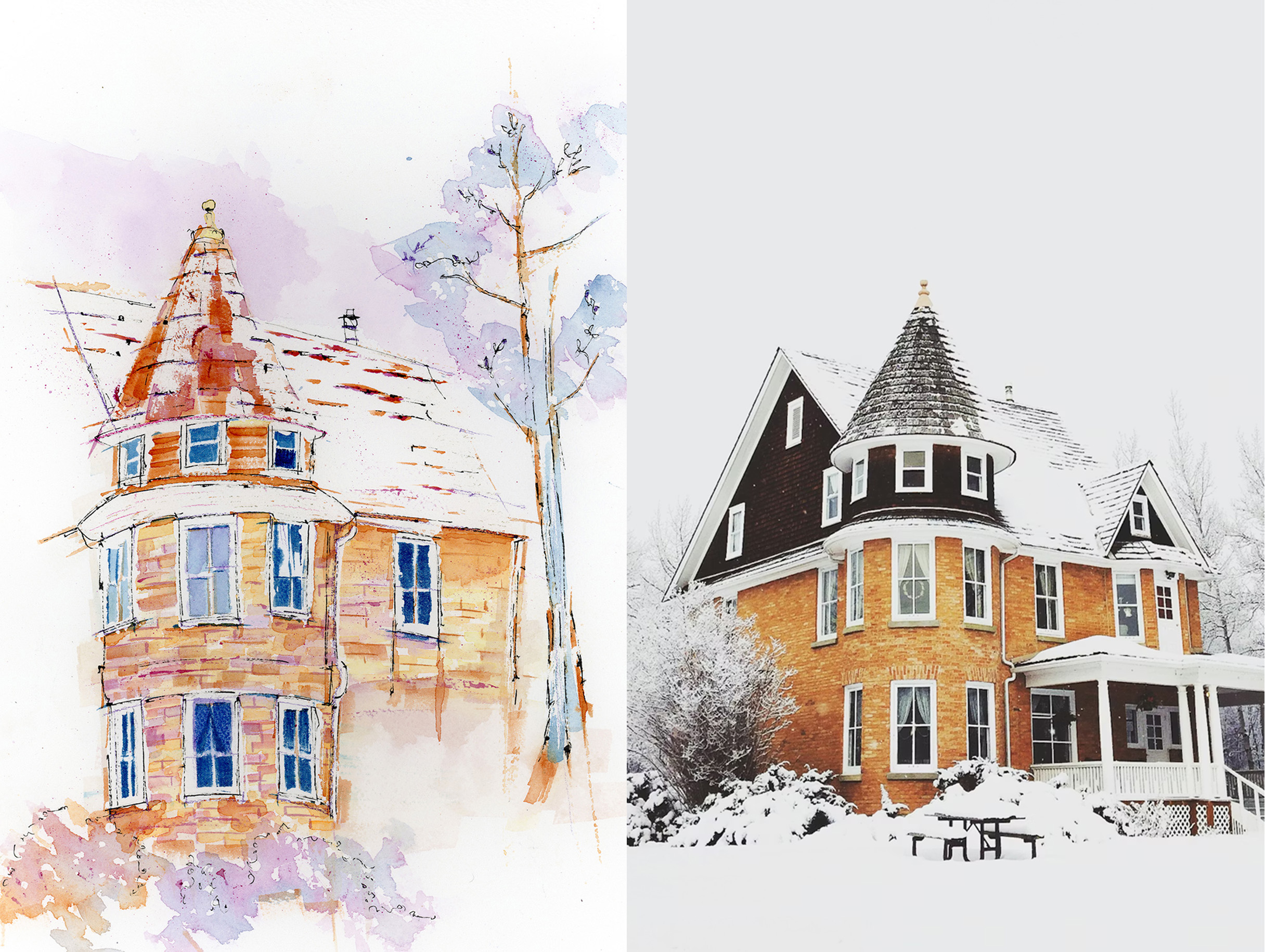 Side-by-side comparison of a house reference photo and finished watercolour house portrait