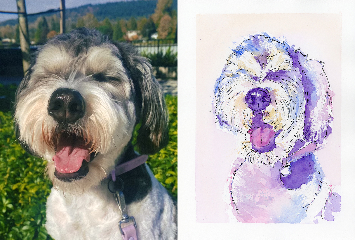 Before-and-after of a dog photo beside a custom watercolour and ink pet portrait