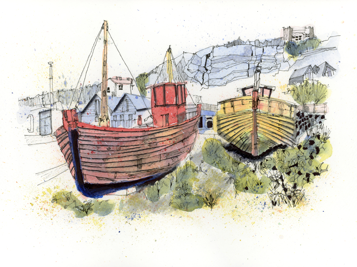 Two weathered boats rest side by side in this coastal watercolour, reflecting the quiet strength of long-standing relationships.
