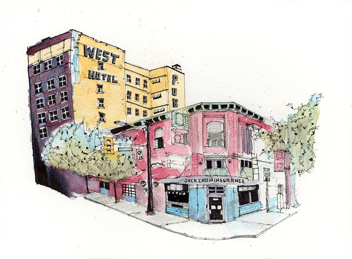 A Vancouver Chinatown street scene featuring the West Hotel and Jack Chow Insurance, layered with history and movement.