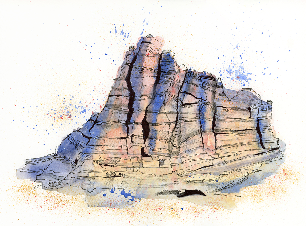 Inspired by layered rock formations, this watercolour reflects the resilience and quiet strength shaped by time.