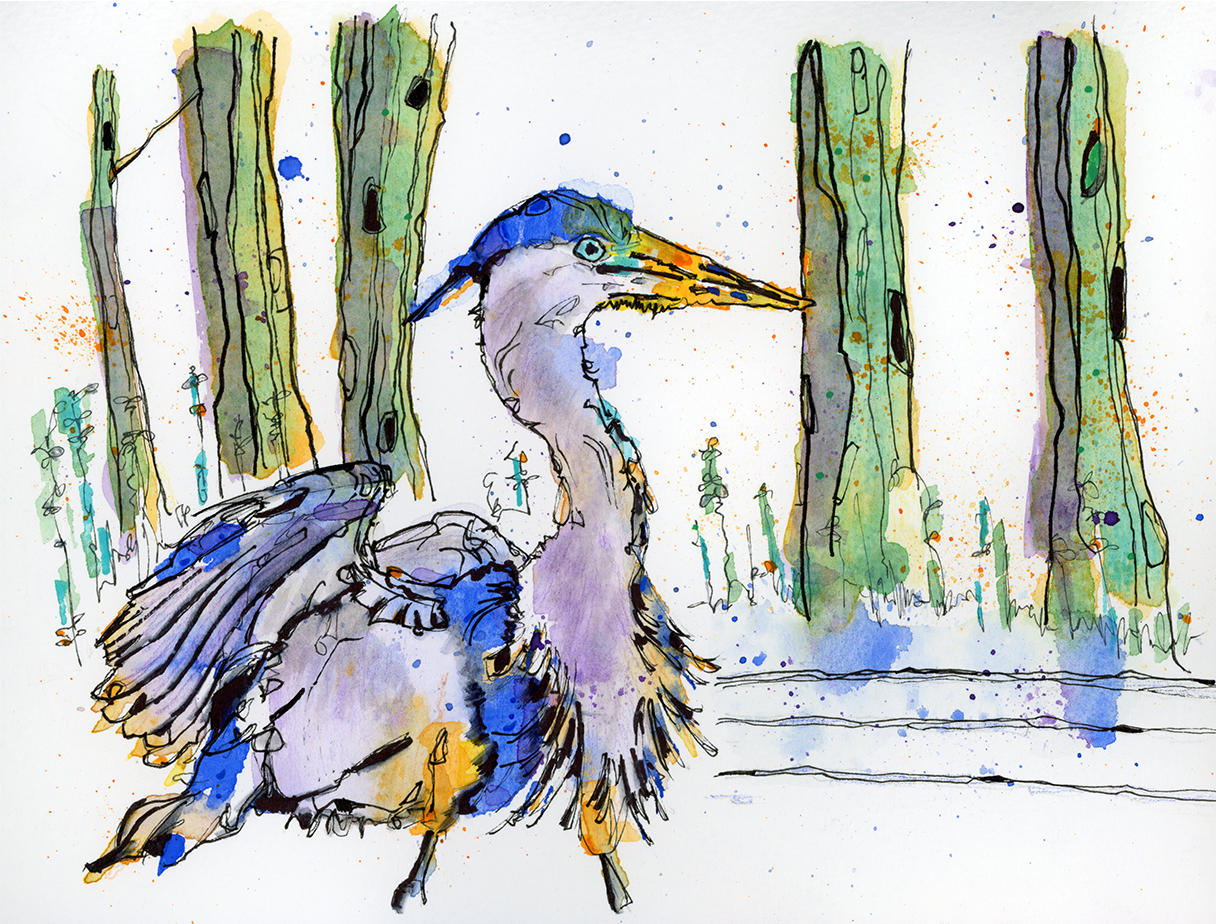 A great blue heron captured in watercolour just before flight poised, observant, and steady.