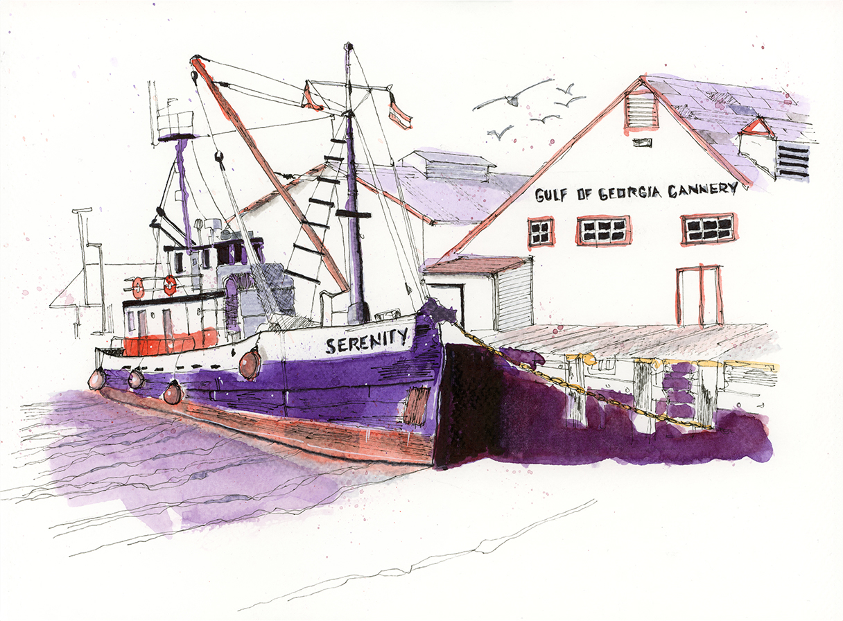 A Steveston harbour watercolour capturing simple coastal joys, boats, light, and the ease of summer afternoons.