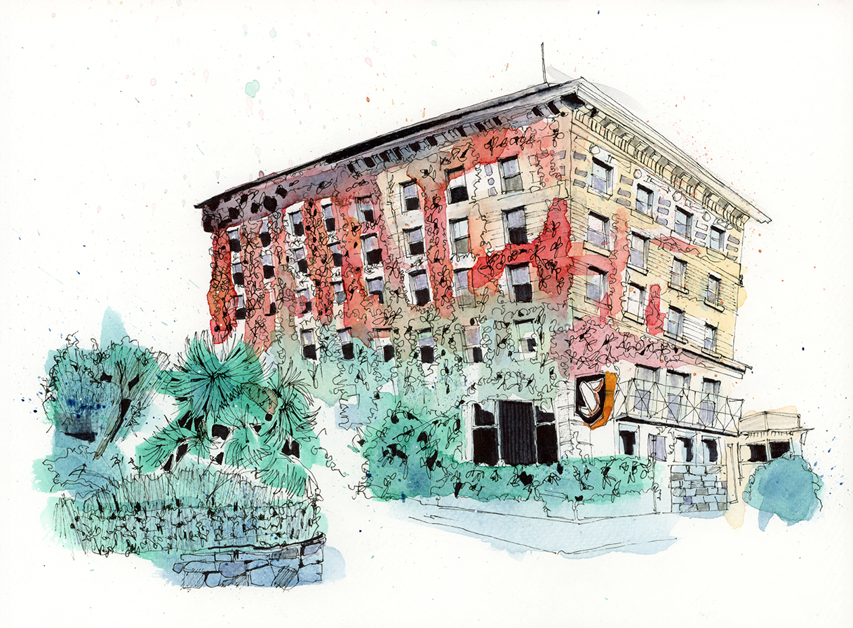 A watercolour portrait of Vancouver’s Sylvia Hotel, capturing the warmth and history of its iconic red brick facade.