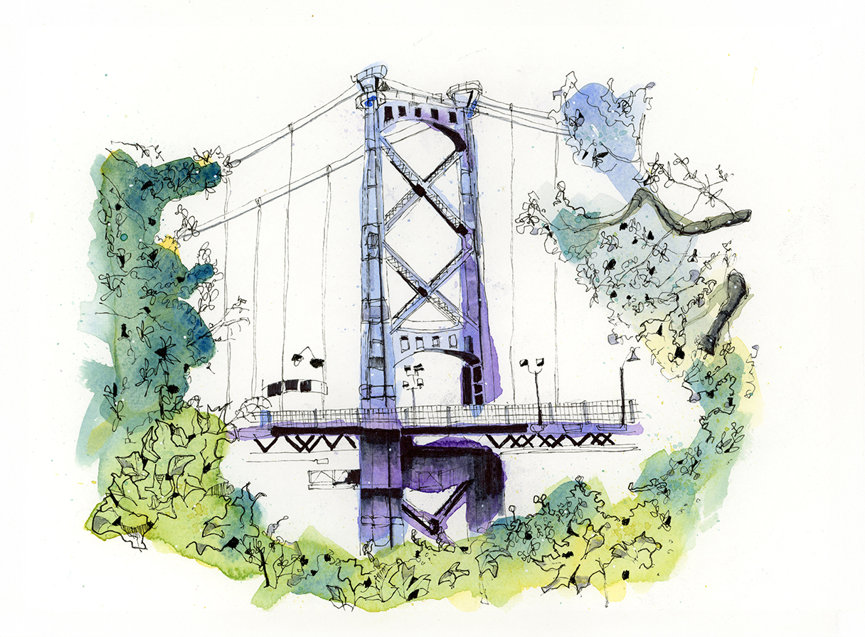 A watercolour of the Lions Gate Bridge, reflecting connection, history, and the quiet strength between two shores.