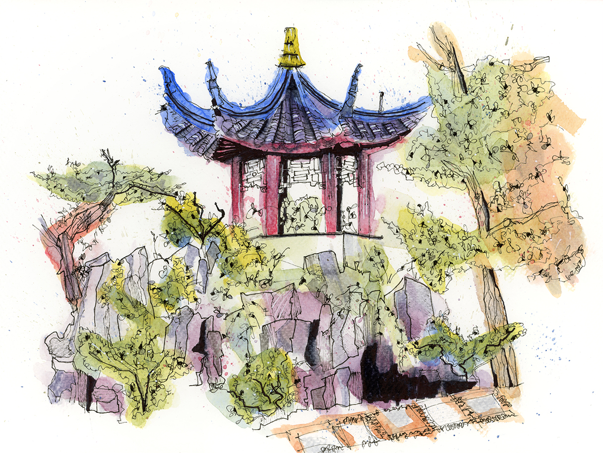 A peaceful watercolour of Dr. Sun Yat-Sen Classical Chinese Garden in Vancouver, celebrating stillness, architecture, and lush greenery.