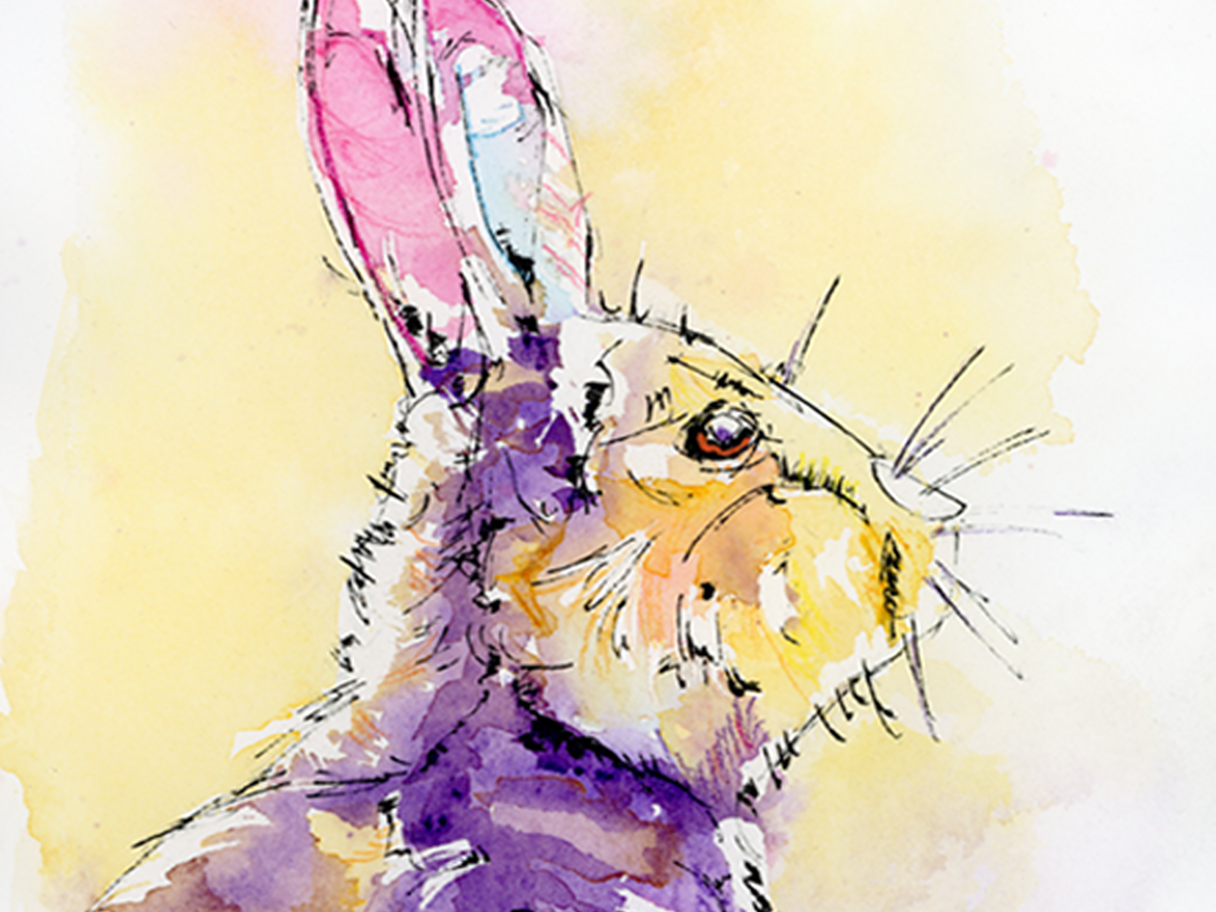 An original watercolour and ink rabbit artwork inspired by stillness, awareness, and quiet resilience.