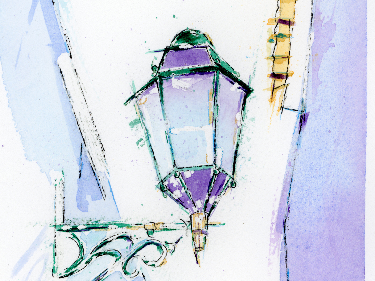 A watercolour and ink painting of a mounted lantern, exploring themes of adaptation and the quiet tension of being placed without choice.