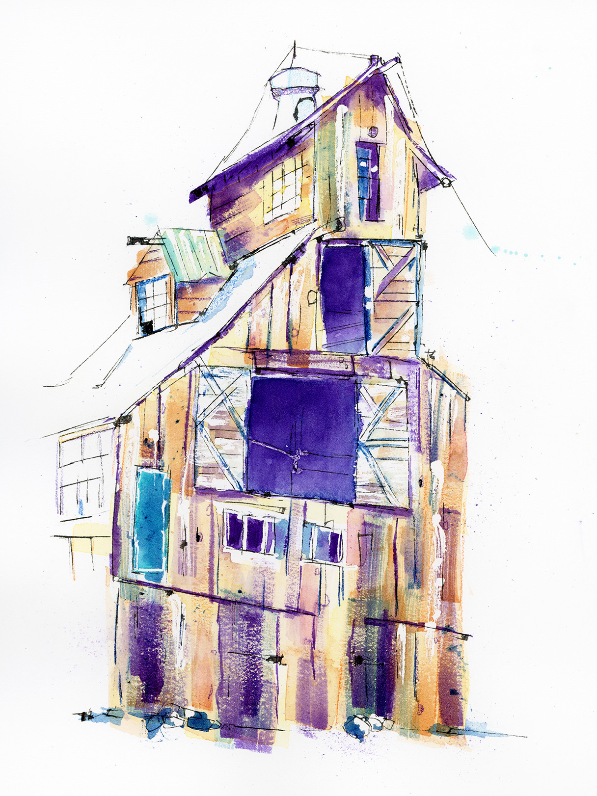 Watercolour and ink painting of a contemporary wooden barn with expressive brushwork