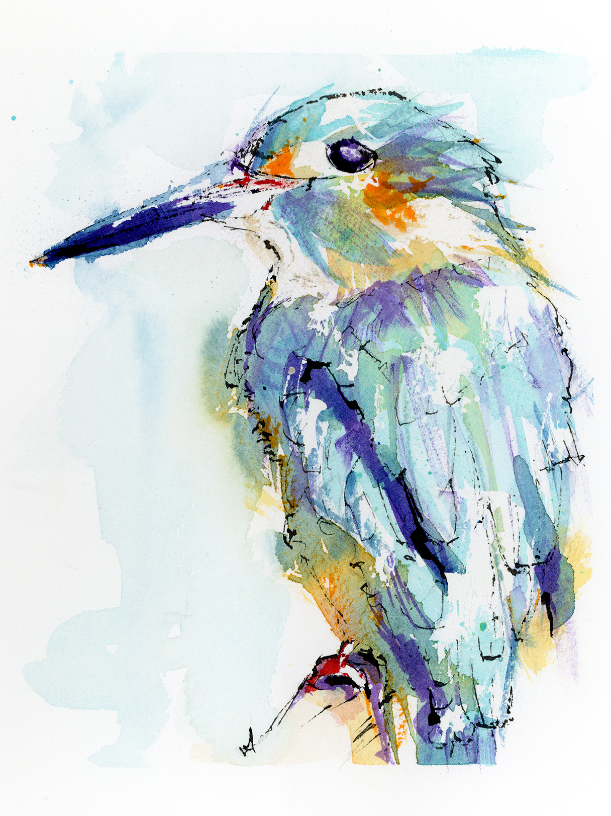 Watercolour and ink painting of a small bird perched in profile