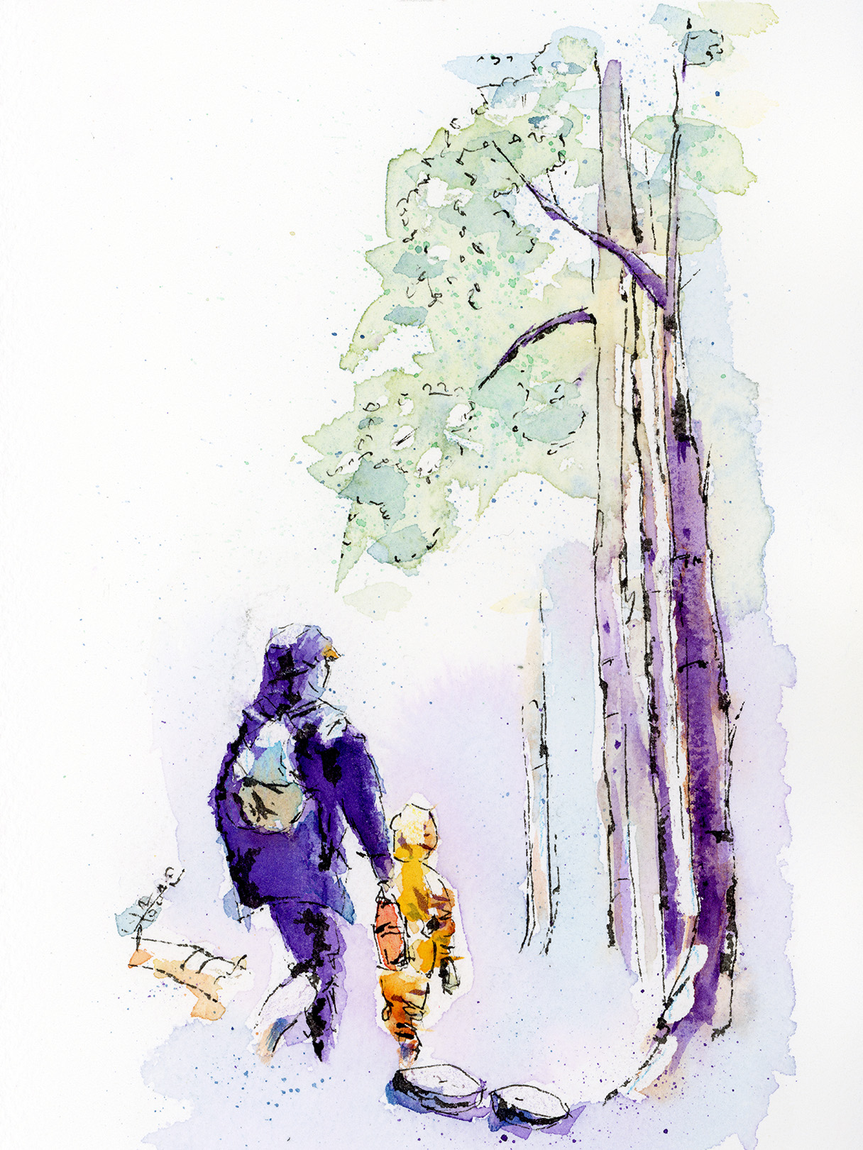 Watercolour and ink painting of a woman and a child walking a calm nature path
