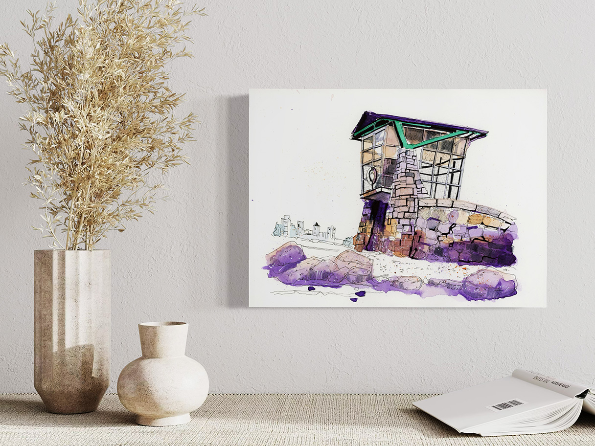 Framed watercolour artwork displayed in a calm interior setting