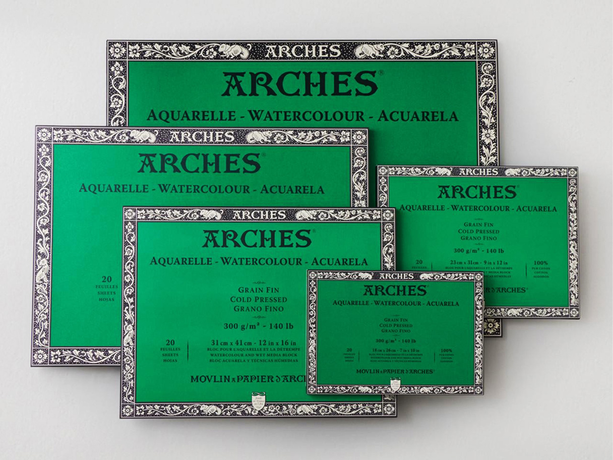 Stack of Arches watercolour paper in various sizes
